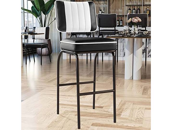 GGMMÖBEL 2-er Set Diner Diner Barhocker Schwarz Leder Gestell: Schwarz Gestreift Sitzhöhe: 80 cm weißer Keder