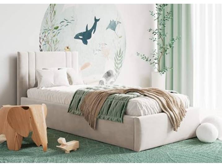 MOEBELPAKET.de Bett Azzurro S08 100x200 cm, Stauraum, Metallrahmen, Beige Betten, Polsterbett mit OEKO-TEX Zertifikat, EU-Herstellung, Modern Einzelbett