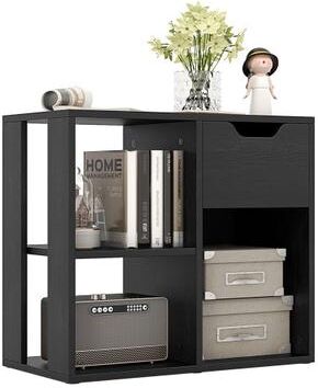 Costway 3-Cube Bookcase 2-tier Wooden Storage Shelf with Pull-out Drawer-Black