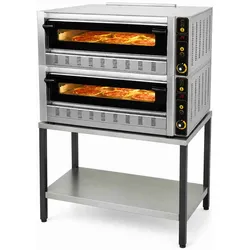 Professioneller doppelter Gas-Pizzaofen für 12 Pizzen Ø 30 cm mit Untergestell. Pizzaofen für die Gastronomie mit Schamottstein für Pizzerien.