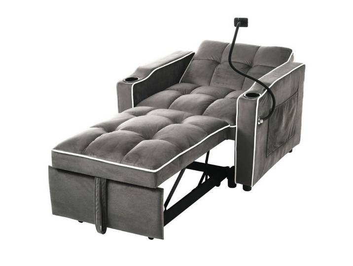Fauteuil lit convertible 3 en 1 - dossier reglable 2 porte-gobelets support telephone gris fonce
