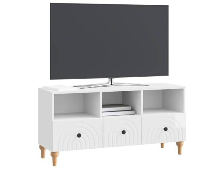 GKHPYURE TV-Schrank weiß glänzend 102 x 34,5 x 50 cm Ingenieurholz 3 Schubladen, Einlegeböden, Streifen-Finish, modernes Design, pflegeleicht