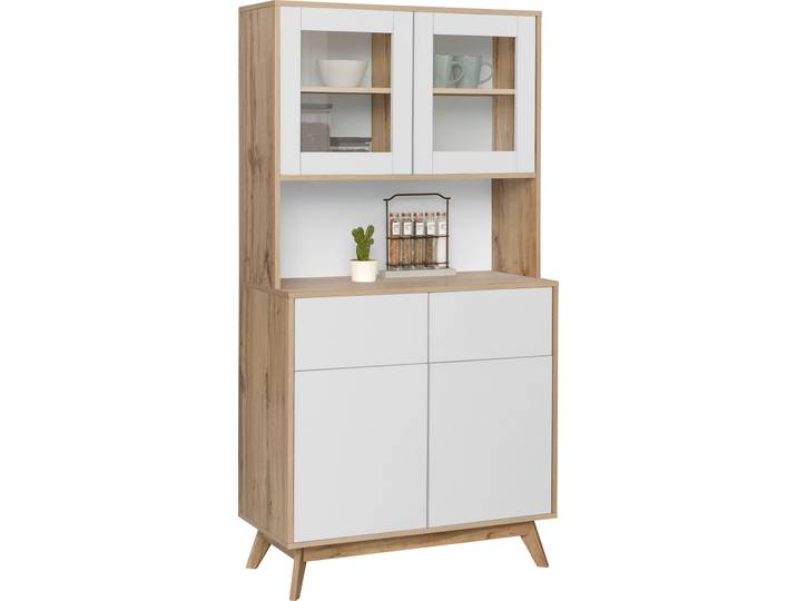 Buffet HOME AFFAIRE Skandi , weiß (weiß, eiche), B:84cm H:165cm T:39cm, Holzwerkstoff, Schränke, Buffet, 2 Glastüren, 2 Holztüren und 2 Schubkasten, Breite 84cm, Höhe 165cm