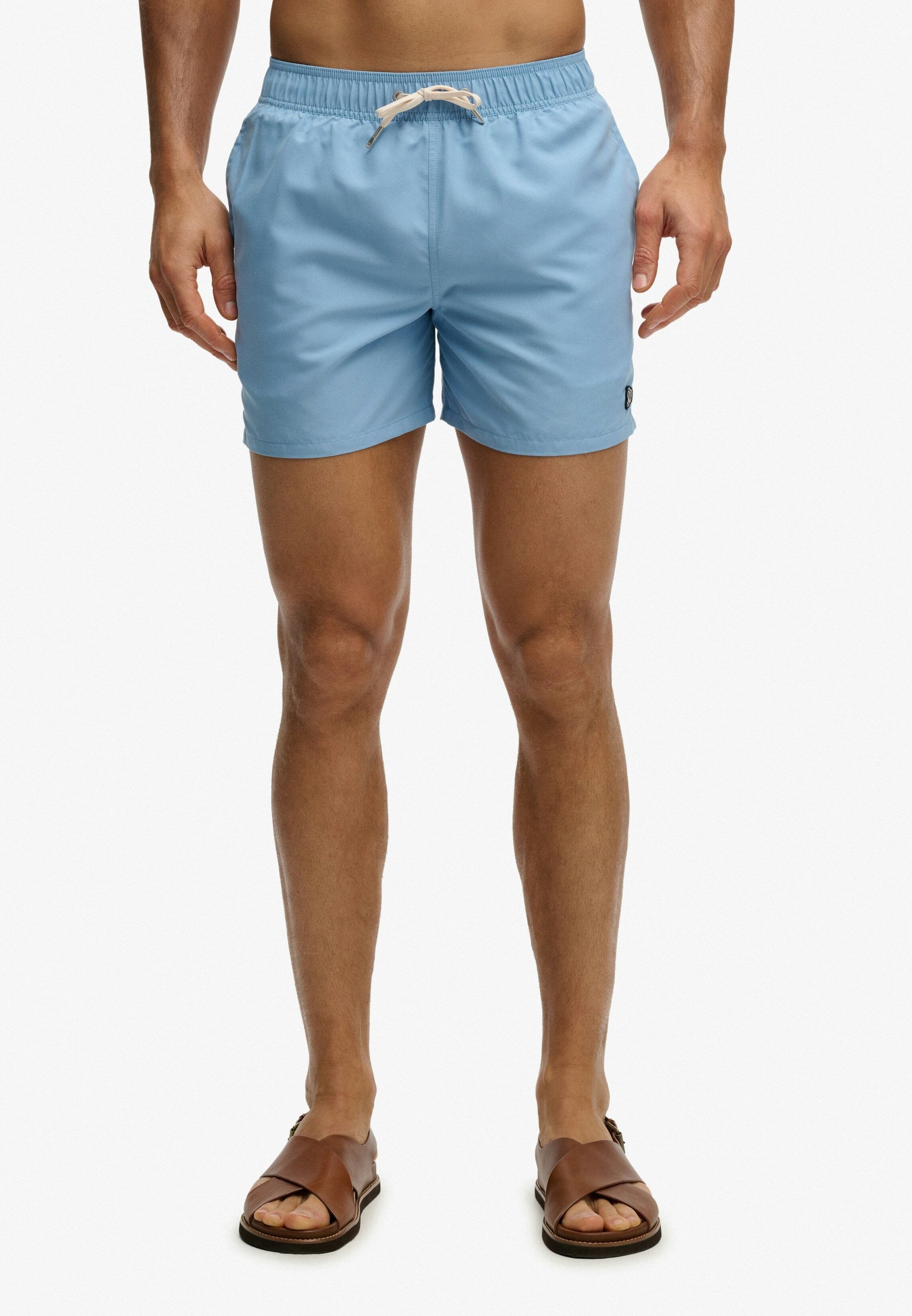 Badeshorts SUPERDRY "EMBROIDERED LOGO 15 SWIM SHORT", Herren, Gr. S, N-Gr, blau (endless sky blau), Web, Polyester, unifarben, Badehosen Badeshorts, aus Polyester, modische Passform, unifarbenes Design, pflegeleicht endless sky blau S, N-Gr