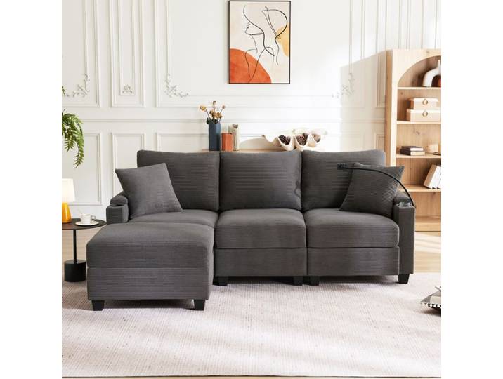 Canapé d'angle convertible en tissu Gris- 3 places. fauteuil d'angle réversible coffre lit modulable