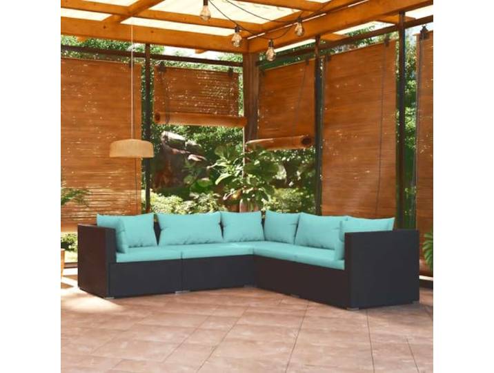 Résine tressée imperméable Ensemble modulaire Salon Acier enduit Noir 43.9 Salon de jardin 5 pcs avec coussins bleu canapé modulaire résine tressée noir ensemble terrasse extérieur
