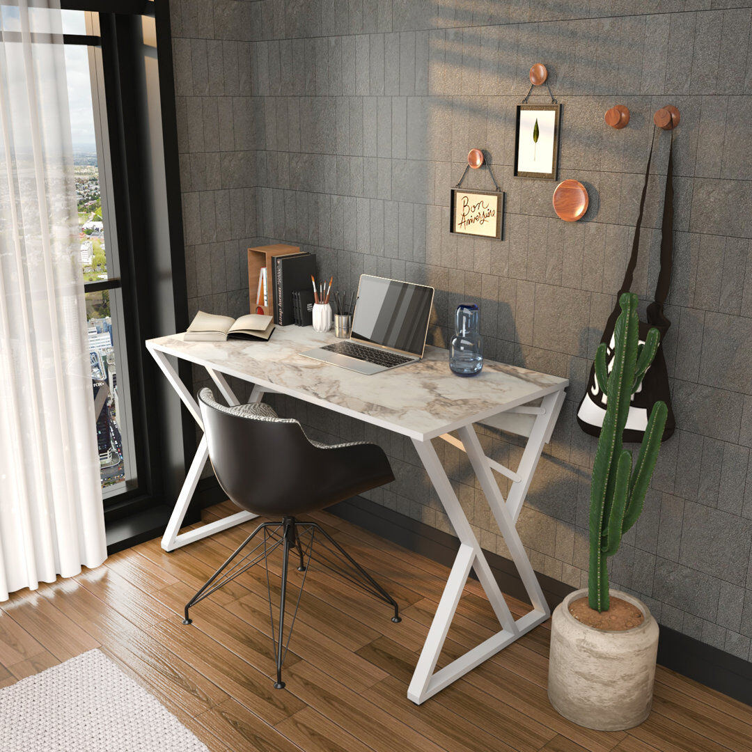 Wade Logan Tenafly 120cm W Rectangular Computer Desk White Marble Effect