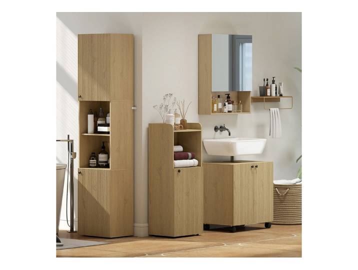 HOMCOM Badmöbel-Set Verstellbare Einlegeböden, (Komplett-Set, 4-St., 4-teiliges Badmöbel-Set), Soft-Close, nordisches Design, Kippschutz