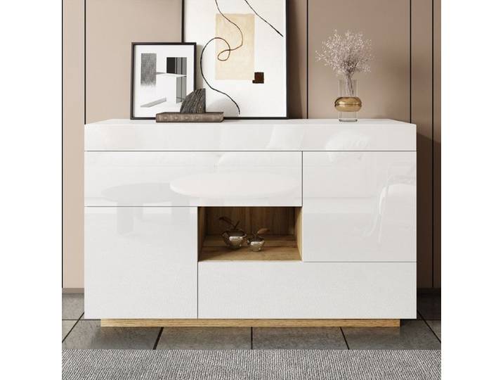 Comfyu - Buffet laqué brillant avec éclairage LED tiroirs et deux petits placards - idéal pour la salle à manger - Blanc
