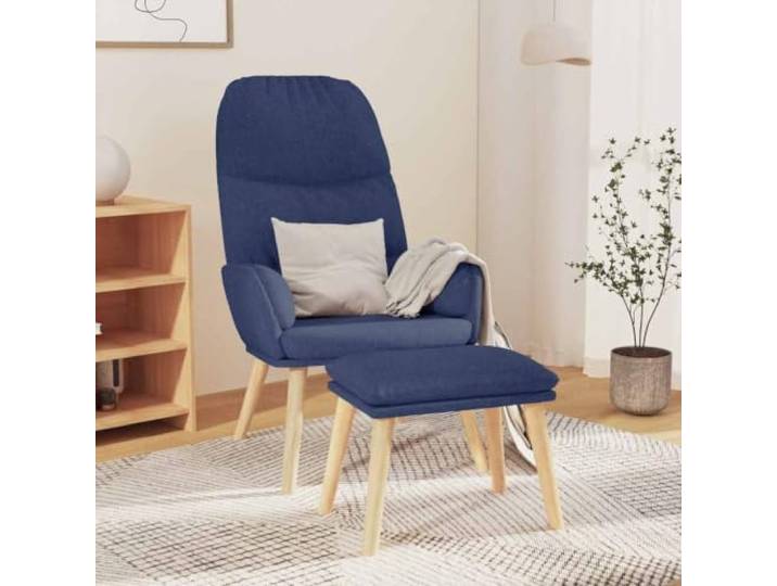 Relaxsessel mit Hocker Blau Stoff Metallrahmen,Beine aus massivem Kautschukholz,Armlehnen,atmungsaktiver Stoff,flexibel stellbarer Hocker