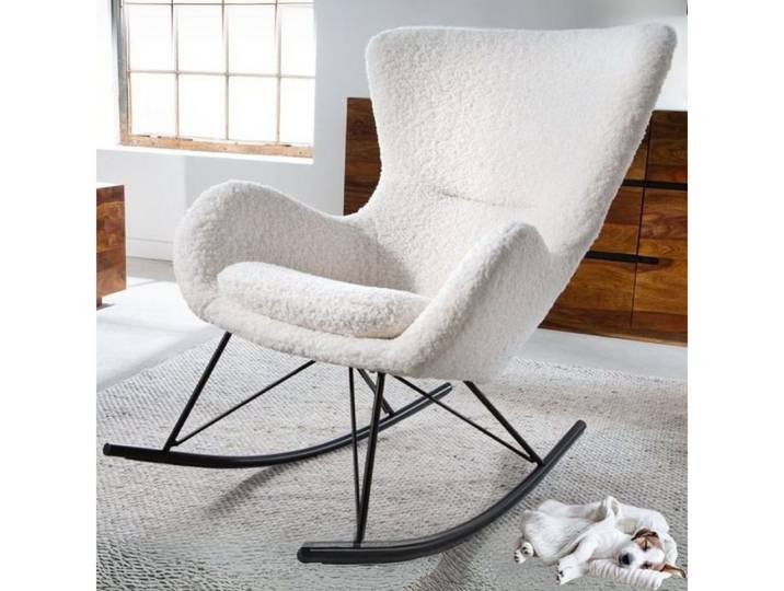 LebensWohnArt Stuhl Bequemer Schaukelstuhl HYGGE weiss Bouclé Sessel