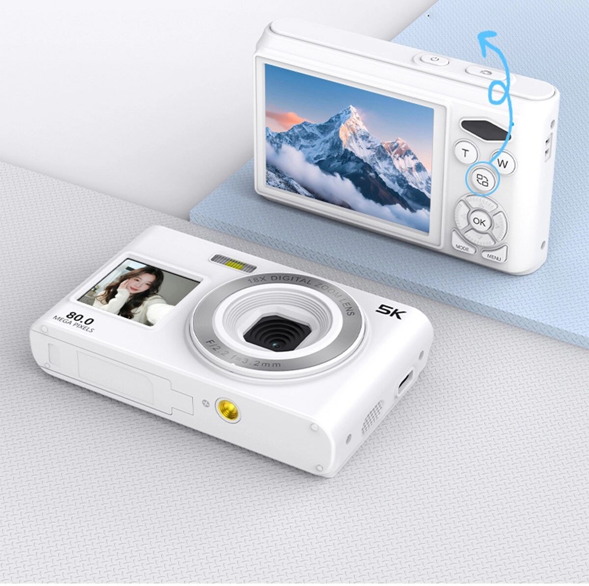 INF Appareil photo numérique double écran avant et arrière, écran 8-inch, vidéo 5K, photo 80 000 000 pixels, zoom 18x, carte TF Rose