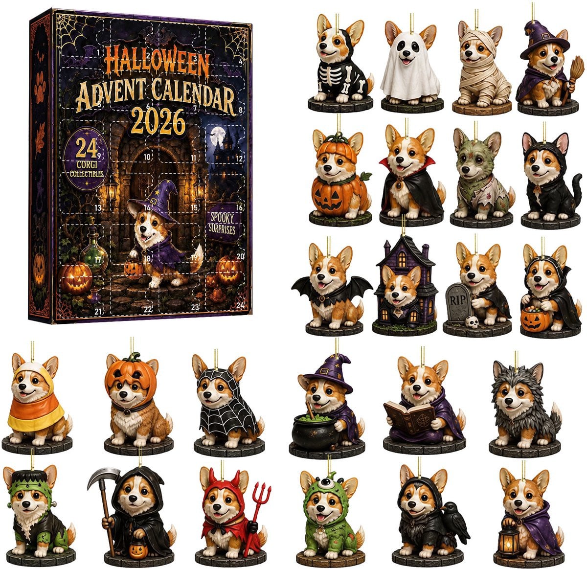 Corgi Halloween Adventskalender 2026 met 24 meerkleurige acryl hangornamenten voor interieurdecoratie