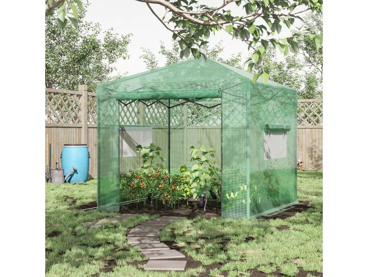 Serre de jardin pop-up porte + 2 fenêtres zippées enroulables sac transport PE vert