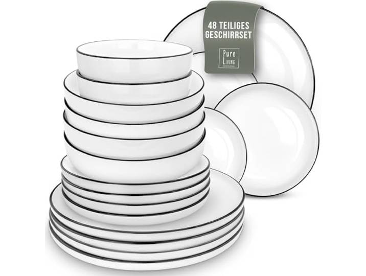 Geschirrset 12 Personen Scandi Style - Premium Porzellan weiß 48 Teile - Geschirr Set für Spülmaschine und Mikrowelle - Tafelservice, Schüssel- und Teller Set - Stilvolles Essgeschirr, Geschirr