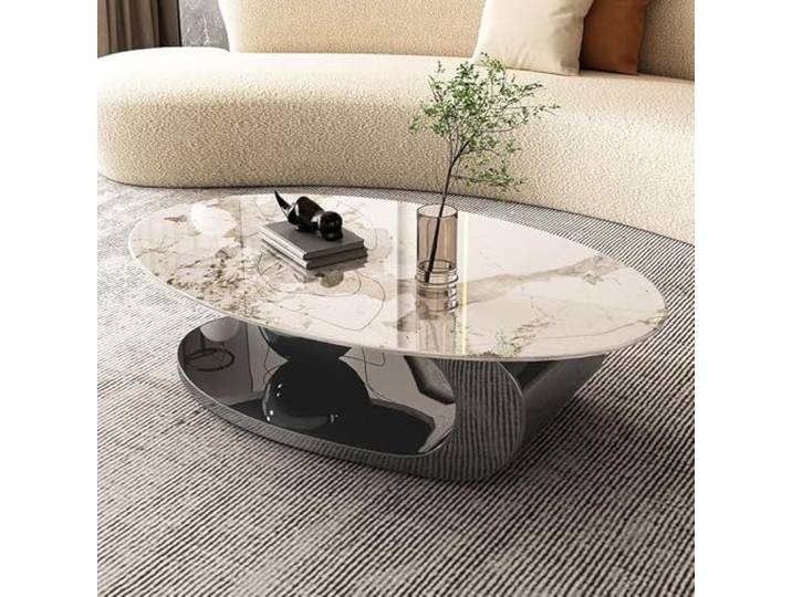 Ovaler Couchtisch, einzigartige Couchtische, Couchtisch mit Marmorplatte und Metallstahlrahmen, stabil und einfach zusammenzubauen, für Wohnzimmer, Büro, Heimdekoration (B 140 x 80 cm)