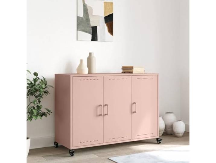 KTHLBRH Sideboard Rosa 100,5 x 39 x 72 cm kaltgewalzter Stahl 3 Türen, 4 Rollen, leicht zu bewegen, großer Stauraum, einfache Wartung