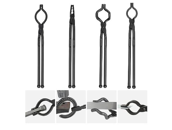 VEVOR Pince de Forge 4PCs Tenailles de Forge 46 cm en V en Gueule de Loup en ZV et Pince de Préhension en Acier au Carbone Long Manche Bonne Prise Opération Plus Sûre Matériels de Base pour Forgeron