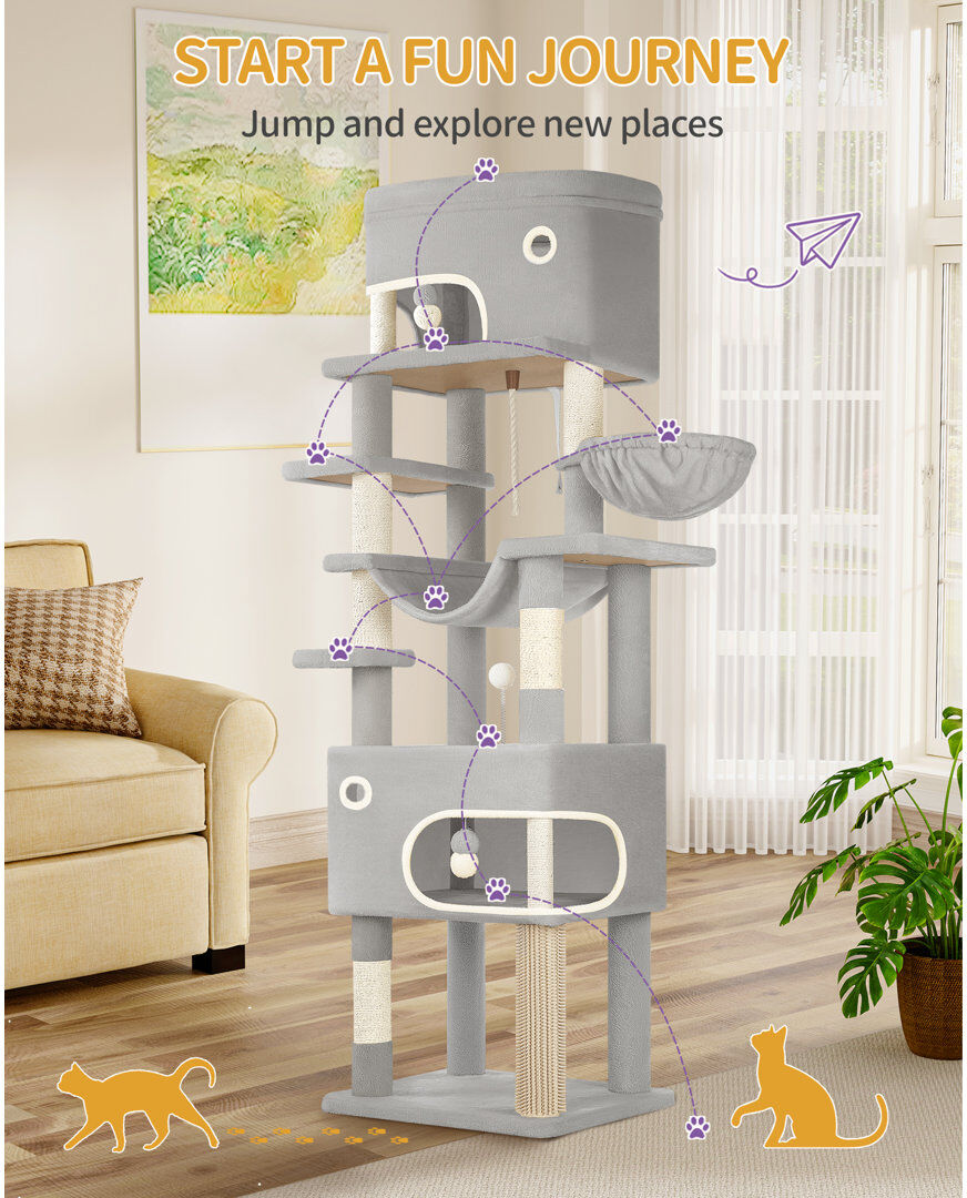 17 Stories Cat Tree for Indoor Cats, Multi-layer Scratching Post with Large Platform, 2 Caves, 7 Sisal Posts, Pompoms, Cat Basket, Hammock, Suitable for Cats Light Grey 203cm H x 60cm W x 50cm D