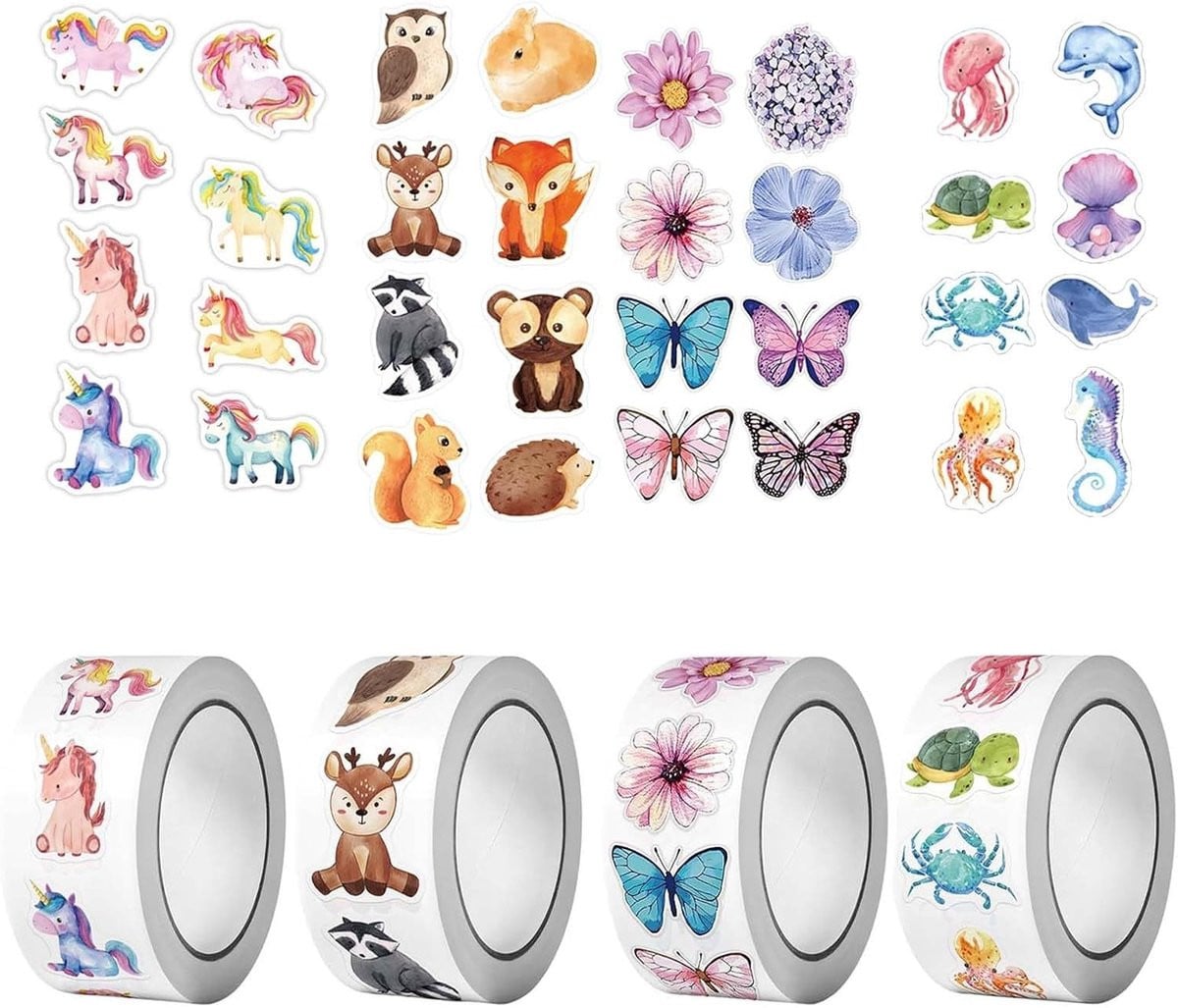 4-delige set zelfklevende ronde dierenstickers met zee- en vlinderdieren voor kinderen