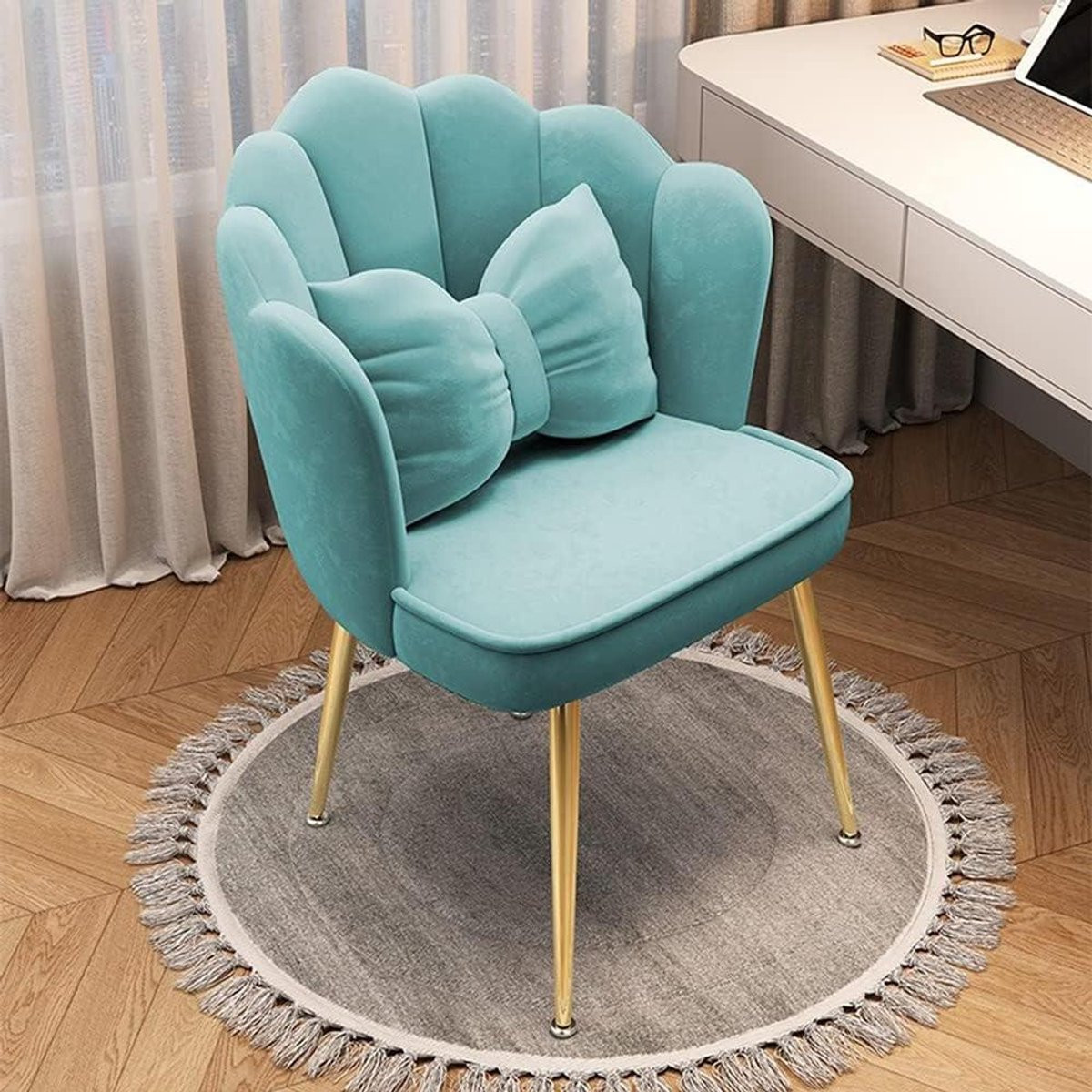 Blauwe Velvet Bureau Stoel met Bloemblad Design - 360° Draaibare Computer- en Make-up Stoel
