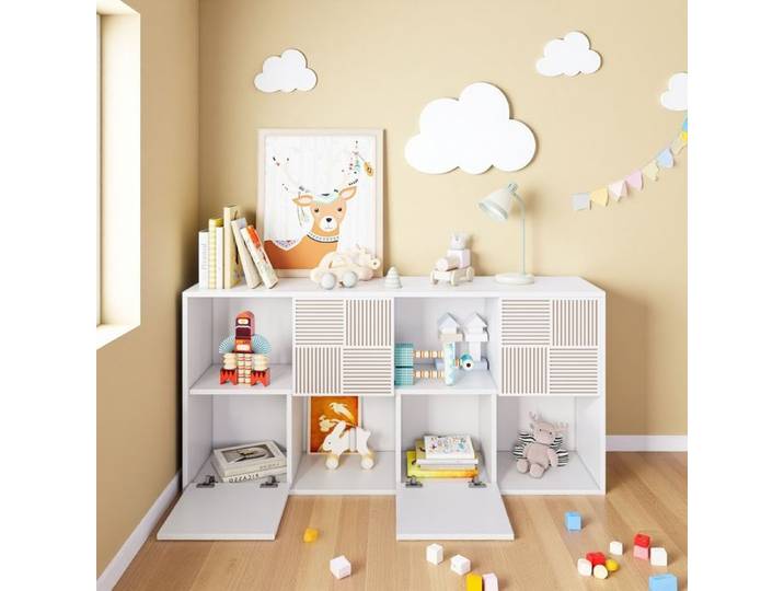 Bibliothèque Modulaire Blanche 8 Casiers Étagère de Rangement avec Portes Sculptées Meuble pour Salon Chmabre Bureau