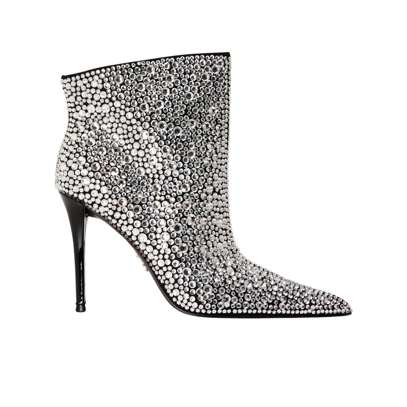 Steve Madden Sentinel-enkellaarsjes voor dames met strass-steentjes, metallic afwerking en hoge stilettohak (Zilver)