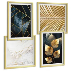 BILDER SET 4er Set - 50x50 cm & 40x60 cm Goldrahmen - Moderne Pflanzenmuster