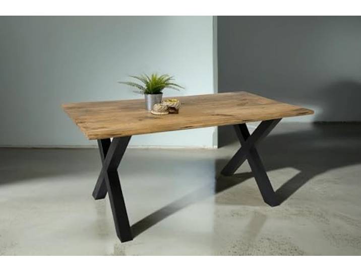 SAM Esstisch Tiger 180x90 cm Mangoholz Natur Vintage Baumkante X schwarz Baumkantentisch massiv, naturfarben, Metallgestell, Esszimmertisch