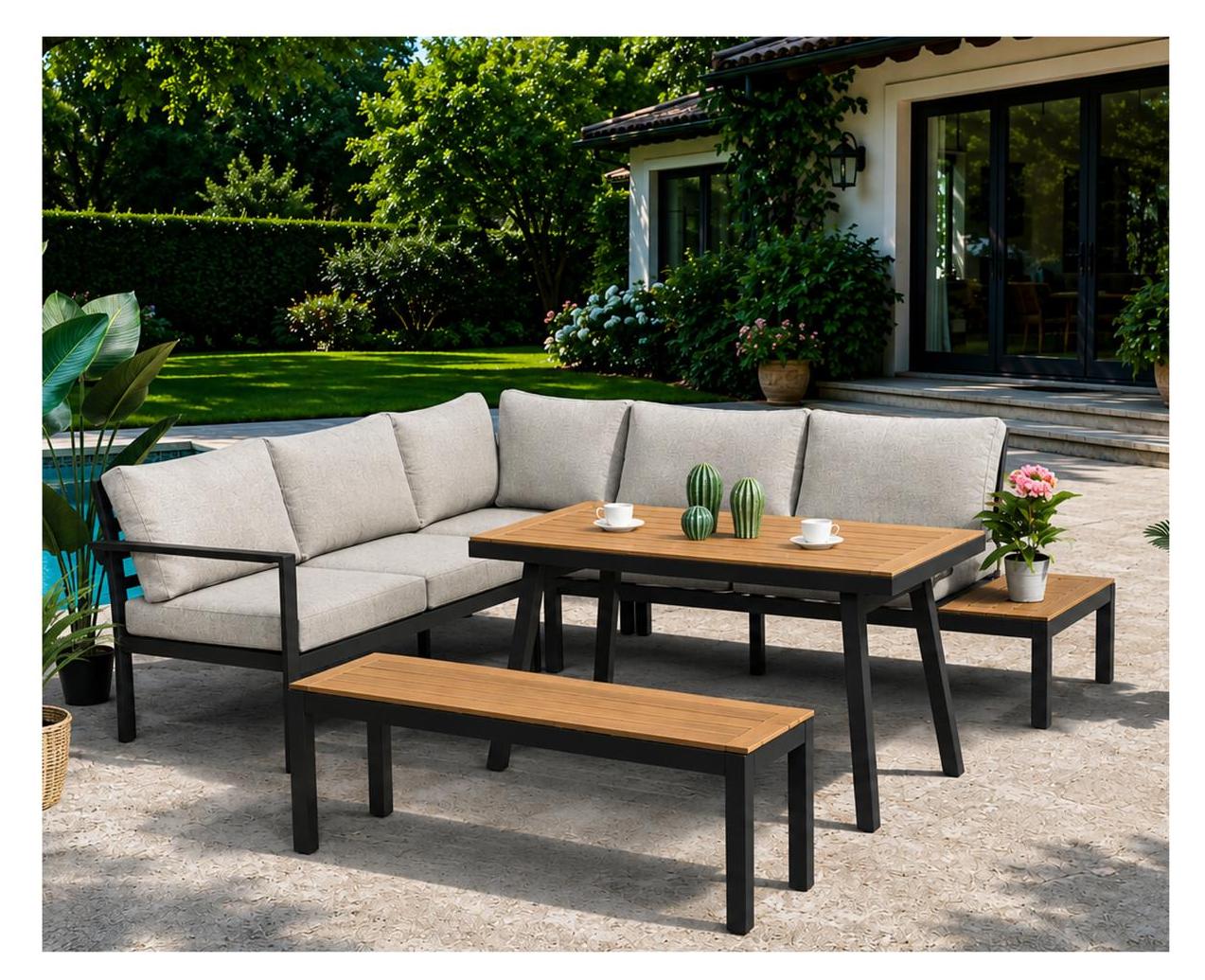 ALEOS. Gartenlounge wetterfest bis 7 Personen Lounge Aluminium Teakholz mit Bank OUTDOOR Polster Kissen Olefin BRASILIA Loungeecke Loungegarnitur Sitzgruppe Sofagarnitur Esstischlounge anthrazit beige