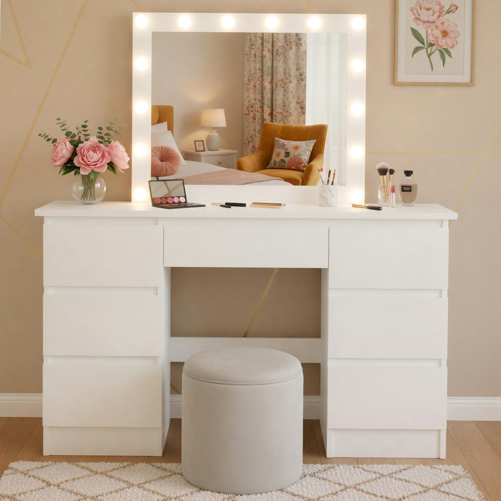 BellaFurn Make-uptafel Duffy met spiegel en 9 lades, Wit, B: 130 cm, D: 45 cm, H: 145 cm