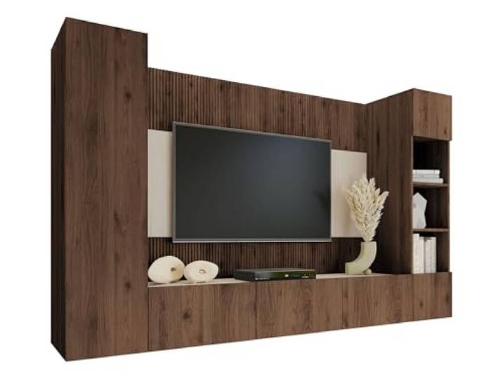 Mirjan24 Wohnwand Deromi IV, 4-teilig (Eiche Okapi + Travertin) Geräumige Wohnwand mit TV-Paneel, grifflosen Fronten, Push-to-open-System und praktischem Stauraum, B/H/T: 260/150/38 cm
