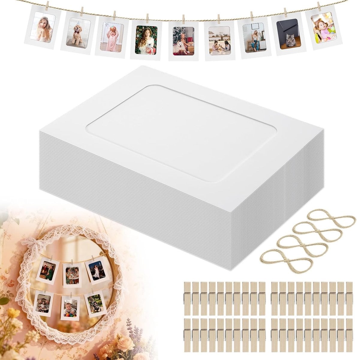 SnelShoppen Photo Garland met 40 witte kartonnen fotolijsten van 10x15 cm en 4 jute touwen voor wanddecoratie