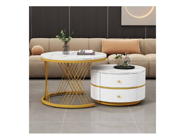 IDEASY Couchtisch 2-teiliges, weiß+gold in Nestform, 60*60*46cm & 50*50*30.8cm, (runde Tische mit hochglänzender Marmoroptik, 2 Schubladen), bis 30kg belastbar,Nesting-Kombination Couchtisch