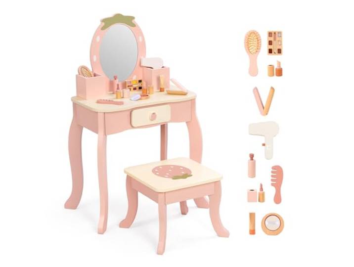 OOOK Schminktisch Kinder Set, Kinder Schminktisch Holz mit Schminkzubehör Erdbeer-Design, Kinderfreundliche Größe für Kinder 3–5 Jahren, Frisiertisch mit Hocker, Spiegel und integriertem Stauraum