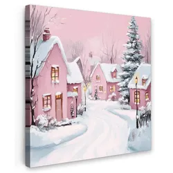 LEINWANDBILD Weihnachtsdorf - Rosa - Winter - Schnee - Häuser Deko Groß 90x90 cm