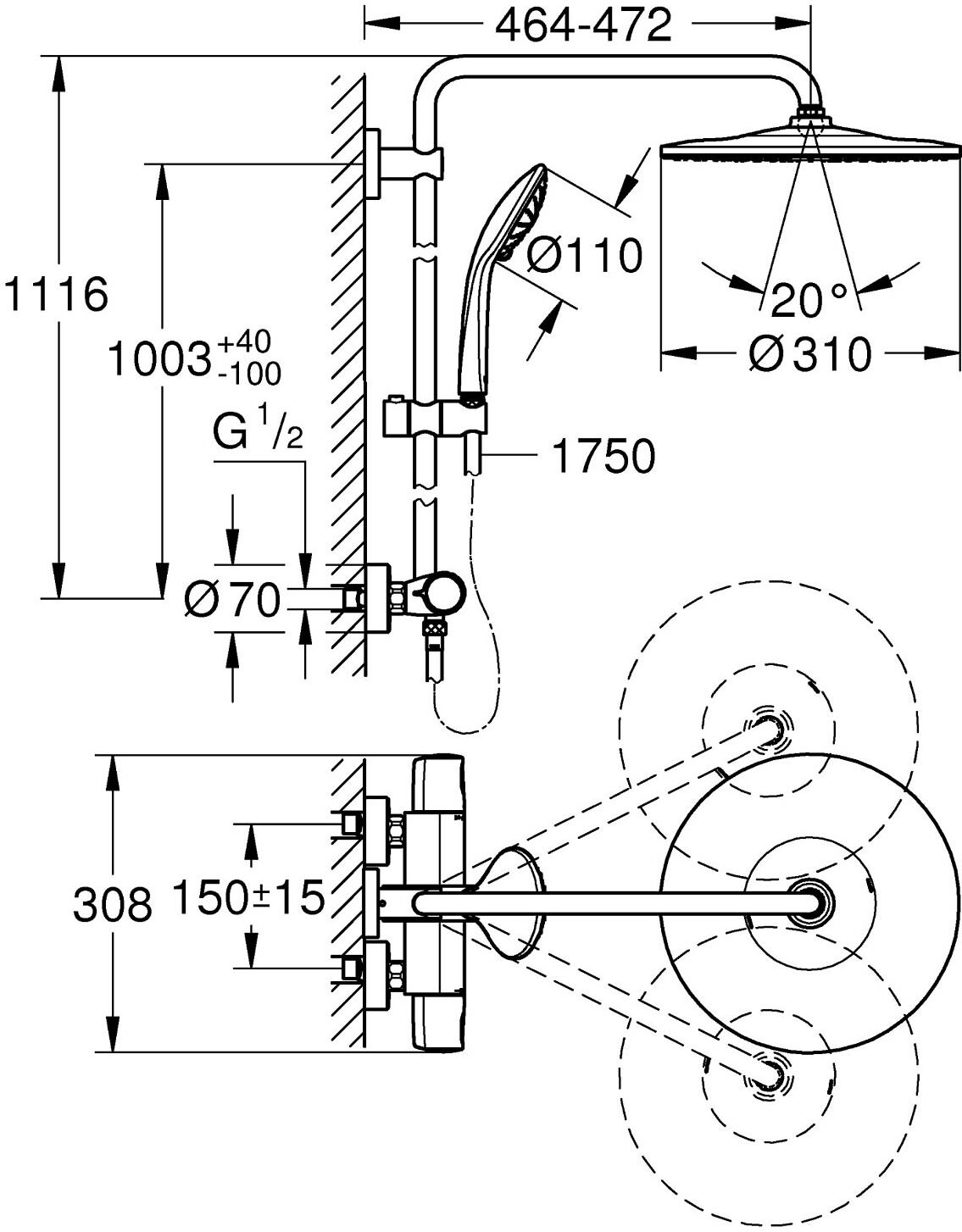 Grohe Vitalio System 310 Duschsystem mit Thermostatbatterie