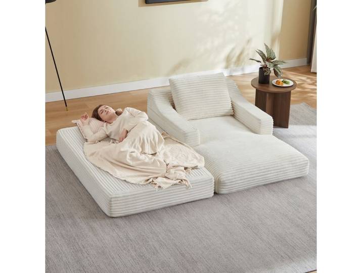 MEULVA Canapé convertible 1 place en velours côtelé blanc avec double couche mousse haute densité