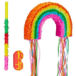 Relaxdays 3-teiliges Pinata Set mit Regenbogen Gelb,Pink,Rot