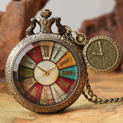 ModernMart Vintage Roman Numeral Pocket Watch Necklace With Colorful Glass Dial Quartz Timepiece Vintage Roman Numeral Pocket Watch Necklace With Colorful Glass Dial Quartz Timepiece