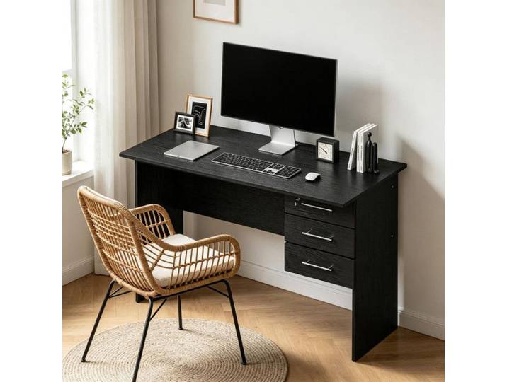 Bureau d'ordinateur avec 3 Tiroirs 120x59x75cm Bureau Moderne avec Serrure Meuble Rangement Déco Salon Bureau Noir