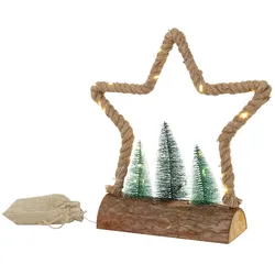 ECD Germany LED-Jute-Stern 33x9,5x30 cm mit 30 warmweißen LEDs, Deko Weihnachtsstern aus Seil mit 3 Tannen & Jutesäckchen, batteriebetrieben mit
