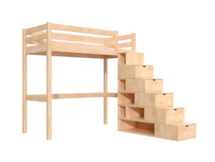 Lit mezzanine bois 90x200 Sylvia avec escalier cube 90x200 Vernis Naturel