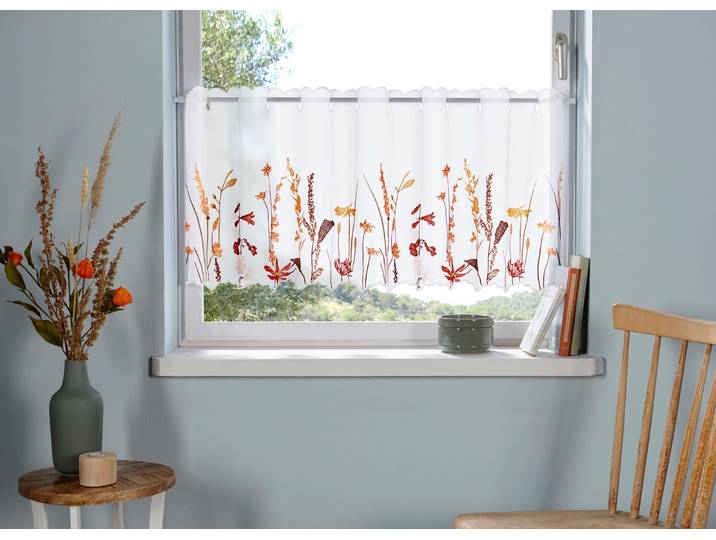 Scheibengardine GOODPRODUCT Bille, 1 Stück, transparent, einseitige Stickerei, Blumen Gr. 1, braun, B:90cm H:30cm, Voile, Polyester, Gardinen, Scheibengardine, transparent, mit einseitiger Stickerei, waschbar, Blumen