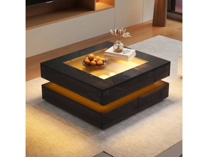 VILUXE Couchtisch LED mit 3 Schubladen 70x70 cm Schwarz Couchtisch mit LED und Schubladen, Spanplatte Glas, kleine Wohnzimmer, moderne Haushalte