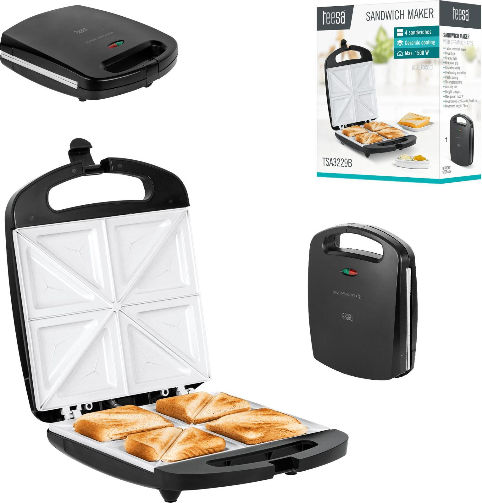 Uni-T Sandwichmaker, 1500W, zwart, met antiaanbaklaag, voor 4 driehoekige sandwiches
