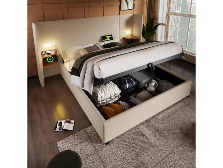 Lit double - KOMHTOM - Lit Double 160x200 - Structure bois massif - Sommier à lattes inclus - Rangement hydraulique