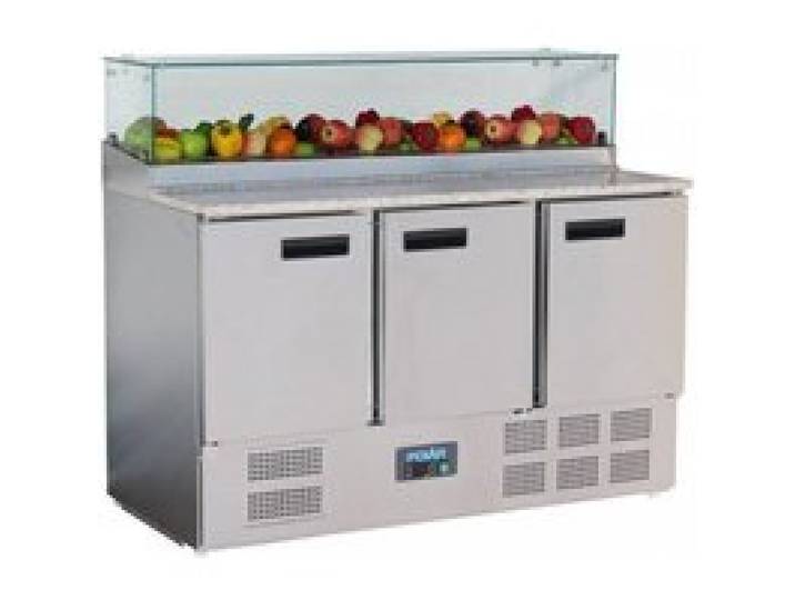 Comptoir réfrigéré à pizza 444 Litres 3 portes GN plan de travail en marbre avec pare haleine 235 W 220 V - MONO