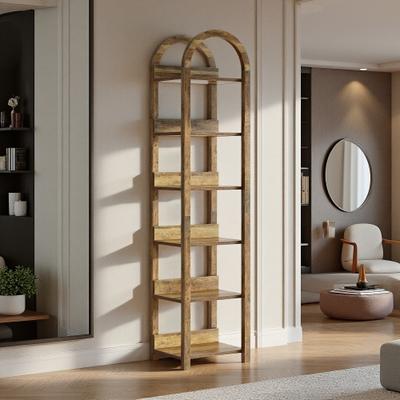 ZWYO HOSIMU "15.76"" Engineered Wood 6-Tier Slim Arched Bookcase with Compact Vertical Design, Anti-Tip Kit & Rustic Modern Finish"