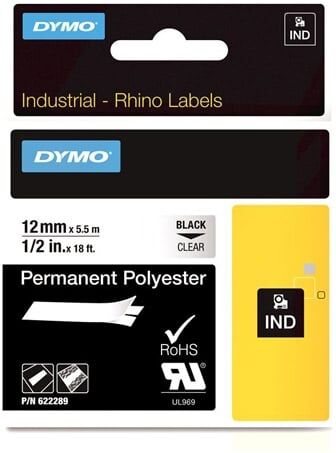 Dymo 622289 IND Rhino Fita permanente de poliester preto sobre transparente 12mm